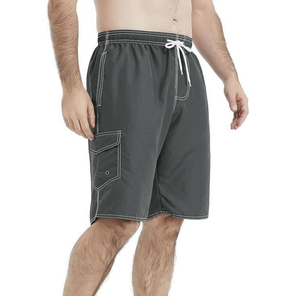 Mens Charcoal Grey Cargo Swim Trunks Quick Dry Mesh Lined Board Shorts